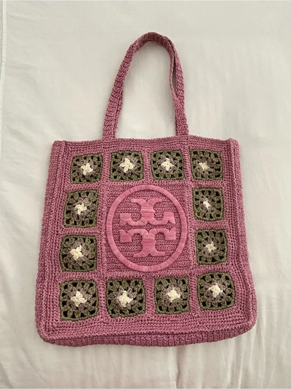 Rare TORY BURCH Large Ella Crochet Floral Pink Green Tote Bag India Beach Summer